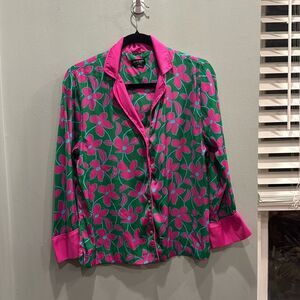 Kate Spade Floral Vines‎ Satin Notch Collar Long PJ Top Size Small